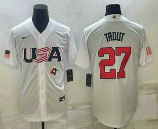 Mens USA Baseball #27 Mike Trout 2023 White World Baseball Classic Replica Stitched Jersey